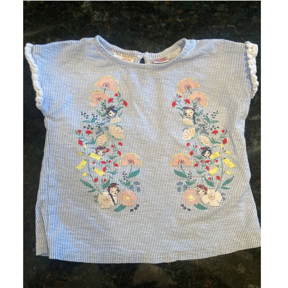Zara Babygirl Blue Seersucker blouse with flowers and white poms (18-24m)